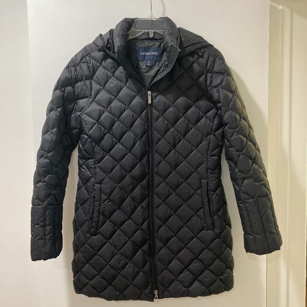 Lands' End Packable Down Coat with Removable Hood, Black, Size S